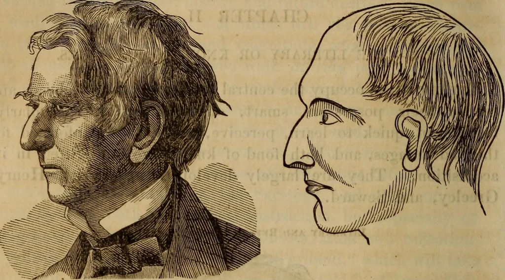 An illustration from Human science, or, Phrenology : its principles, proofs, faculties, organs, temperaments, combinations, conditions, teachings, philosophies, etc., etc. : as applied to health, its values, laws, functions, organs, means, preservation, restoration, etc. : mental philosophy, human and self improvement, civilization, home, country, commerce, rights, duties, ethics, etc. : God, His existence, attributes, laws, worship, natural theology, etc. : immortality, its evidences, conditions, relations to time, rewards, punishments, sin, faith, prayer, etc. : intellect, memory, juvenile and self education, literature, mental discipline, the senses, sciences, arts, avocations, a perfect life, etc., etc., etc., 1873, leaf 1067