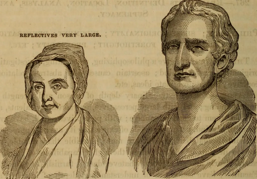 An illustration from Human science, or, Phrenology : its principles, proofs, faculties, organs, temperaments, combinations, conditions, teachings, philosophies, etc., etc. : as applied to health, its values, laws, functions, organs, means, preservation, restoration, etc. : mental philosophy, human and self improvement, civilization, home, country, commerce, rights, duties, ethics, etc. : God, His existence, attributes, laws, worship, natural theology, etc. : immortality, its evidences, conditions, relations to time, rewards, punishments, sin, faith, prayer, etc. : intellect, memory, juvenile and self education, literature, mental discipline, the senses, sciences, arts, avocations, a perfect life, etc., etc., etc., 1873, leaf 1133