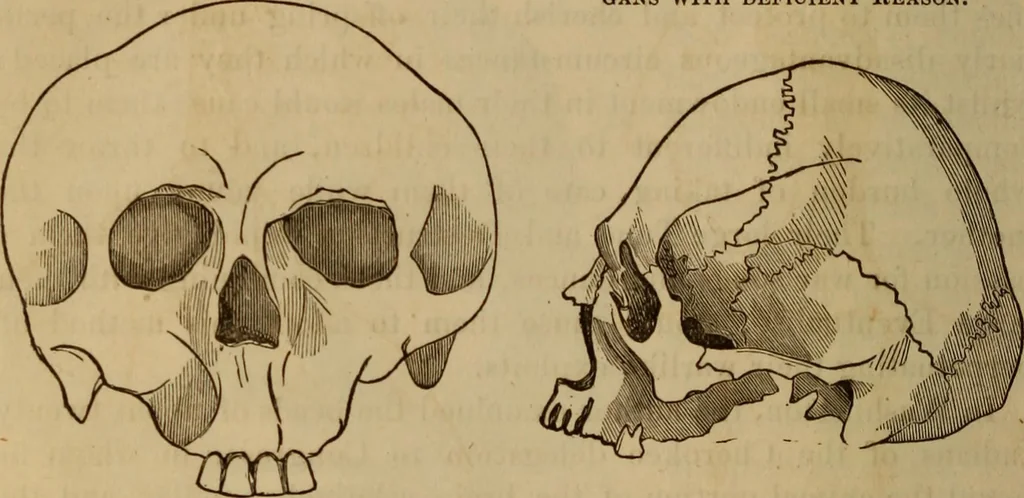 An illustration from Human science, or, Phrenology : its principles, proofs, faculties, organs, temperaments, combinations, conditions, teachings, philosophies, etc., etc. : as applied to health, its values, laws, functions, organs, means, preservation, restoration, etc. : mental philosophy, human and self improvement, civilization, home, country, commerce, rights, duties, ethics, etc. : God, His existence, attributes, laws, worship, natural theology, etc. : immortality, its evidences, conditions, relations to time, rewards, punishments, sin, faith, prayer, etc. : intellect, memory, juvenile and self education, literature, mental discipline, the senses, sciences, arts, avocations, a perfect life, etc., etc., etc., 1873, leaf 207