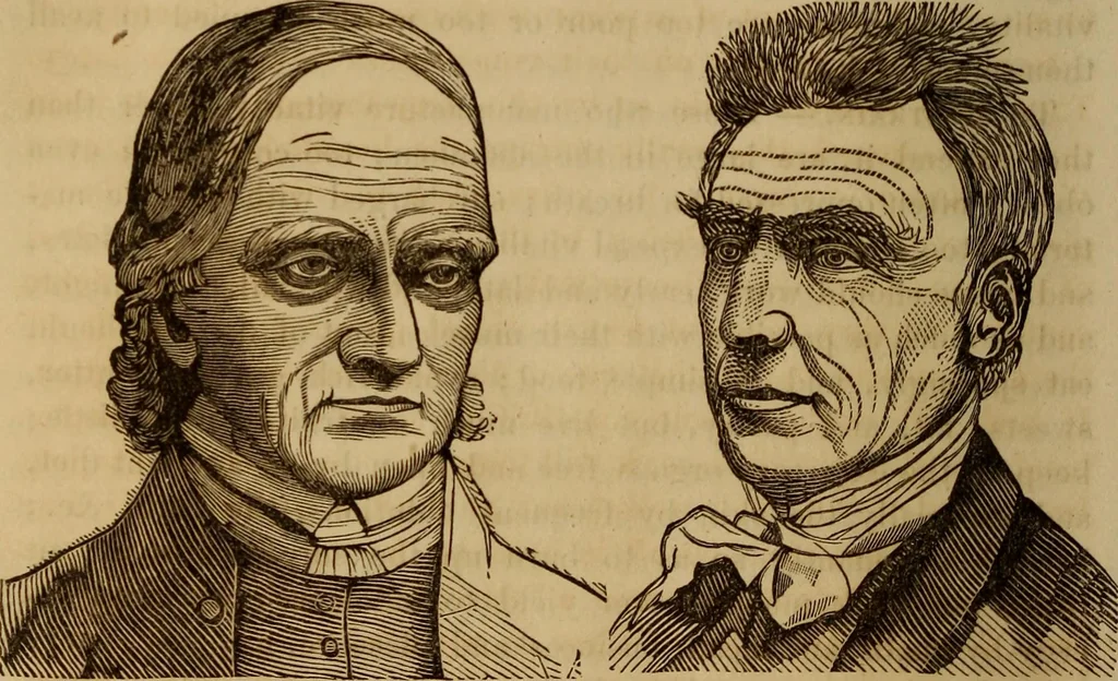 An illustration from Human science, or, Phrenology : its principles, proofs, faculties, organs, temperaments, combinations, conditions, teachings, philosophies, etc., etc. : as applied to health, its values, laws, functions, organs, means, preservation, restoration, etc. : mental philosophy, human and self improvement, civilization, home, country, commerce, rights, duties, ethics, etc. : God, His existence, attributes, laws, worship, natural theology, etc. : immortality, its evidences, conditions, relations to time, rewards, punishments, sin, faith, prayer, etc. : intellect, memory, juvenile and self education, literature, mental discipline, the senses, sciences, arts, avocations, a perfect life, etc., etc., etc., 1873, leaf 277