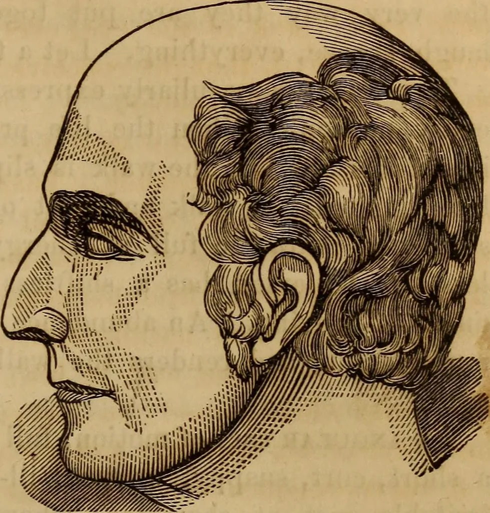 An illustration from Human science, or, Phrenology : its principles, proofs, faculties, organs, temperaments, combinations, conditions, teachings, philosophies, etc., etc. : as applied to health, its values, laws, functions, organs, means, preservation, restoration, etc. : mental philosophy, human and self improvement, civilization, home, country, commerce, rights, duties, ethics, etc. : God, His existence, attributes, laws, worship, natural theology, etc. : immortality, its evidences, conditions, relations to time, rewards, punishments, sin, faith, prayer, etc. : intellect, memory, juvenile and self education, literature, mental discipline, the senses, sciences, arts, avocations, a perfect life, etc., etc., etc., 1873, leaf 314