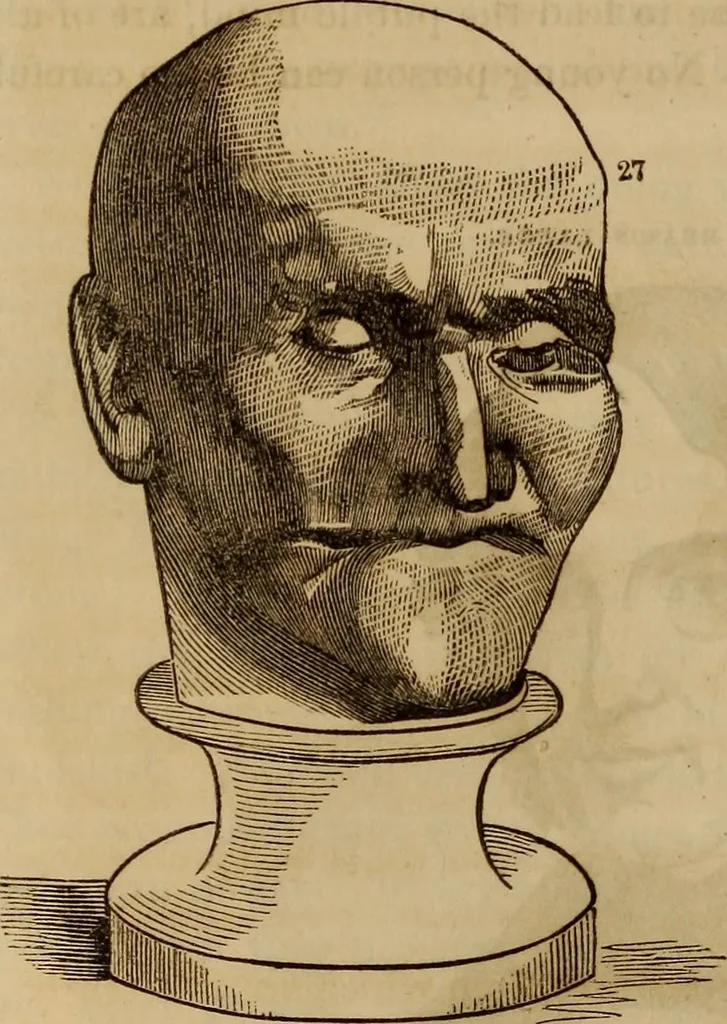 An illustration from Human science, or, Phrenology : its principles, proofs, faculties, organs, temperaments, combinations, conditions, teachings, philosophies, etc., etc. : as applied to health, its values, laws, functions, organs, means, preservation, restoration, etc. : mental philosophy, human and self improvement, civilization, home, country, commerce, rights, duties, ethics, etc. : God, His existence, attributes, laws, worship, natural theology, etc. : immortality, its evidences, conditions, relations to time, rewards, punishments, sin, faith, prayer, etc. : intellect, memory, juvenile and self education, literature, mental discipline, the senses, sciences, arts, avocations, a perfect life, etc., etc., etc., 1873, leaf 993