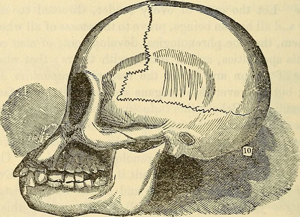 An illustration from Human science or phrenology. Its principles, proofs, faculties, organs, temperaments, combinations, conditions, teachings, philosophies, etc., etc. as applied to health. Its value, laws, functions, organs, means, preservation, restoration, etc. Mental philosophy, human and self improvement, civilization, home country, commerce rights, duties, ethics, etc. God, His existence, attributes, laws, worship, natural theology, etc. Immortality, its evidences, conditions, relations to time, rewards, punishments, sin, faith, prayer, etc. Intellect, memory, juvenile and self education, literature, mental discipline, the senses, sciences, arts, avocations, a perfect life, etc., etc, 1880, leaf 197
