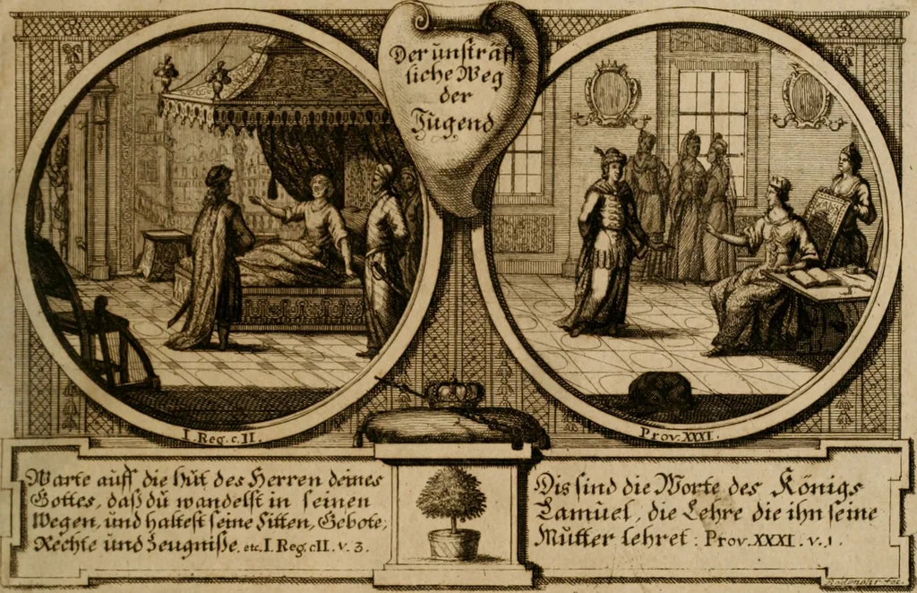An illustration from Hundert sinn- und lehr reiche Vergleichungs-Sonnette uber die Sonn- und Fest-Tags-Evangelien, ingleichen die Apostel-Geschichte : uber welchen zugleich zwey hundert aus dem Alten und Neuen Testament in Kupfer-Stich erbaulich vorgestellte Biblische Historien : nebst darauf zielenden Sinn-Bildern und darzu gehörigen Uber- und Unterschrifften befindlich, 1721, leaf 10