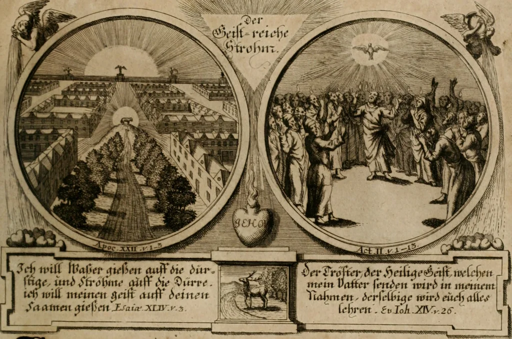 An illustration from Hundert sinn- und lehr reiche Vergleichungs-Sonnette uber die Sonn- und Fest-Tags-Evangelien, ingleichen die Apostel-Geschichte : uber welchen zugleich zwey hundert aus dem Alten und Neuen Testament in Kupfer-Stich erbaulich vorgestellte Biblische Historien : nebst darauf zielenden Sinn-Bildern und darzu gehörigen Uber- und Unterschrifften befindlich, 1721, leaf 100