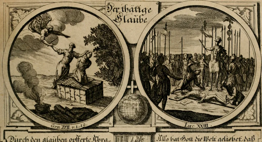 An illustration from Hundert sinn- und lehr reiche Vergleichungs-Sonnette uber die Sonn- und Fest-Tags-Evangelien, ingleichen die Apostel-Geschichte : uber welchen zugleich zwey hundert aus dem Alten und Neuen Testament in Kupfer-Stich erbaulich vorgestellte Biblische Historien : nebst darauf zielenden Sinn-Bildern und darzu gehörigen Uber- und Unterschrifften befindlich, 1721, leaf 102