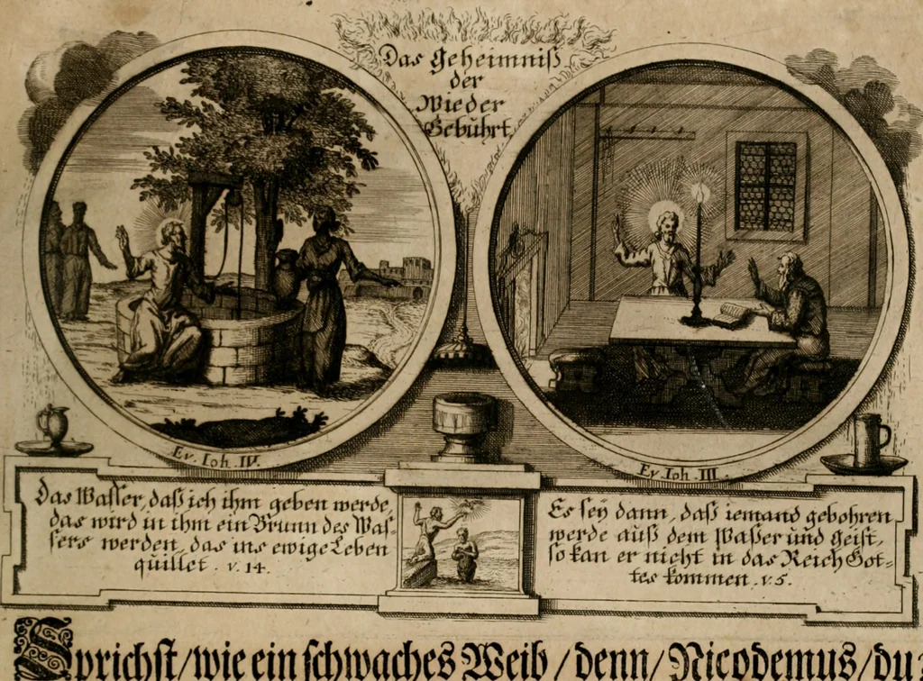 An illustration from Hundert sinn- und lehr reiche Vergleichungs-Sonnette uber die Sonn- und Fest-Tags-Evangelien, ingleichen die Apostel-Geschichte : uber welchen zugleich zwey hundert aus dem Alten und Neuen Testament in Kupfer-Stich erbaulich vorgestellte Biblische Historien : nebst darauf zielenden Sinn-Bildern und darzu gehörigen Uber- und Unterschrifften befindlich, 1721, leaf 106