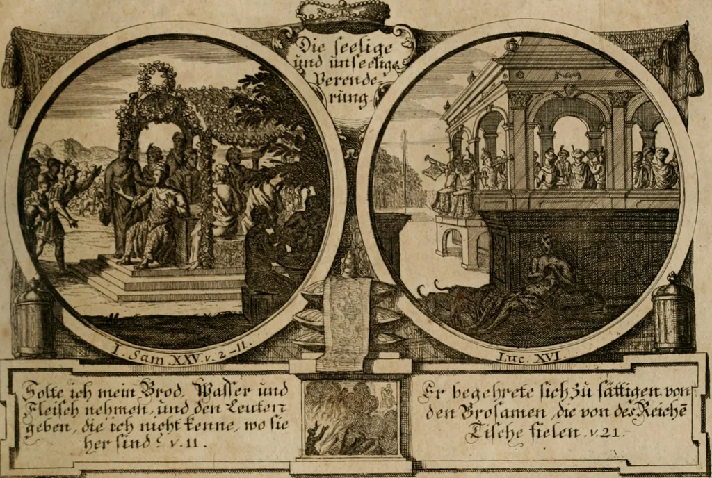 An illustration from Hundert sinn- und lehr reiche Vergleichungs-Sonnette uber die Sonn- und Fest-Tags-Evangelien, ingleichen die Apostel-Geschichte : uber welchen zugleich zwey hundert aus dem Alten und Neuen Testament in Kupfer-Stich erbaulich vorgestellte Biblische Historien : nebst darauf zielenden Sinn-Bildern und darzu gehörigen Uber- und Unterschrifften befindlich, 1721, leaf 108
