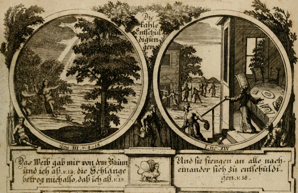 An illustration from Hundert sinn- und lehr reiche Vergleichungs-Sonnette uber die Sonn- und Fest-Tags-Evangelien, ingleichen die Apostel-Geschichte : uber welchen zugleich zwey hundert aus dem Alten und Neuen Testament in Kupfer-Stich erbaulich vorgestellte Biblische Historien : nebst darauf zielenden Sinn-Bildern und darzu gehörigen Uber- und Unterschrifften befindlich, 1721, leaf 110