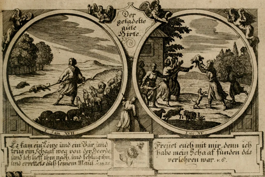 An illustration from Hundert sinn- und lehr reiche Vergleichungs-Sonnette uber die Sonn- und Fest-Tags-Evangelien, ingleichen die Apostel-Geschichte : uber welchen zugleich zwey hundert aus dem Alten und Neuen Testament in Kupfer-Stich erbaulich vorgestellte Biblische Historien : nebst darauf zielenden Sinn-Bildern und darzu gehörigen Uber- und Unterschrifften befindlich, 1721, leaf 112