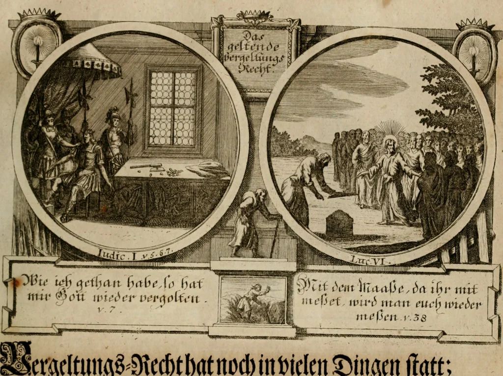 An illustration from Hundert sinn- und lehr reiche Vergleichungs-Sonnette uber die Sonn- und Fest-Tags-Evangelien, ingleichen die Apostel-Geschichte : uber welchen zugleich zwey hundert aus dem Alten und Neuen Testament in Kupfer-Stich erbaulich vorgestellte Biblische Historien : nebst darauf zielenden Sinn-Bildern und darzu gehörigen Uber- und Unterschrifften befindlich, 1721, leaf 114