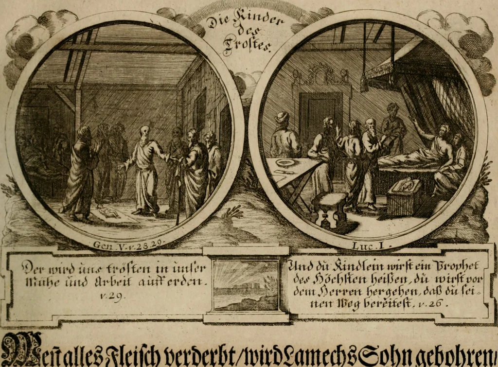 An illustration from Hundert sinn- und lehr reiche Vergleichungs-Sonnette uber die Sonn- und Fest-Tags-Evangelien, ingleichen die Apostel-Geschichte : uber welchen zugleich zwey hundert aus dem Alten und Neuen Testament in Kupfer-Stich erbaulich vorgestellte Biblische Historien : nebst darauf zielenden Sinn-Bildern und darzu gehörigen Uber- und Unterschrifften befindlich, 1721, leaf 116