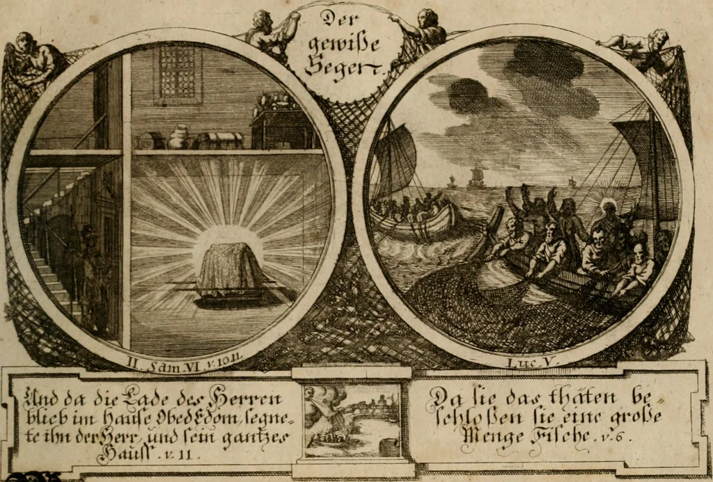An illustration from Hundert sinn- und lehr reiche Vergleichungs-Sonnette uber die Sonn- und Fest-Tags-Evangelien, ingleichen die Apostel-Geschichte : uber welchen zugleich zwey hundert aus dem Alten und Neuen Testament in Kupfer-Stich erbaulich vorgestellte Biblische Historien : nebst darauf zielenden Sinn-Bildern und darzu gehörigen Uber- und Unterschrifften befindlich, 1721, leaf 118
