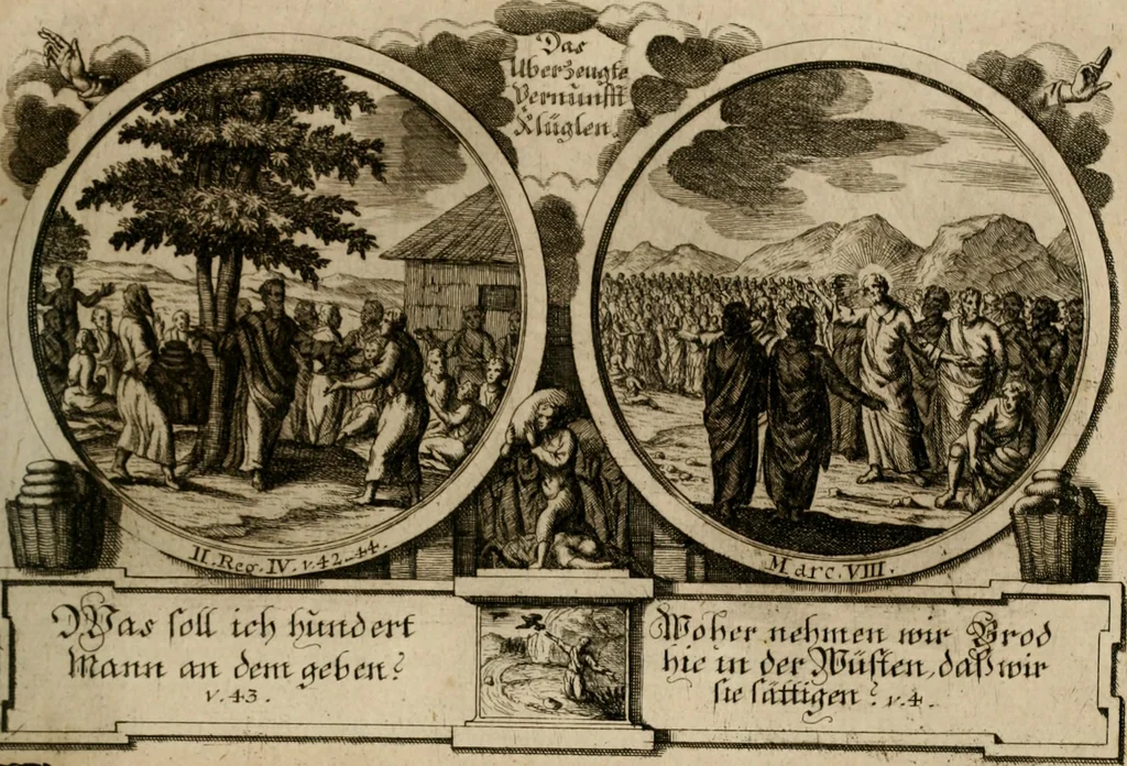 An illustration from Hundert sinn- und lehr reiche Vergleichungs-Sonnette uber die Sonn- und Fest-Tags-Evangelien, ingleichen die Apostel-Geschichte : uber welchen zugleich zwey hundert aus dem Alten und Neuen Testament in Kupfer-Stich erbaulich vorgestellte Biblische Historien : nebst darauf zielenden Sinn-Bildern und darzu gehörigen Uber- und Unterschrifften befindlich, 1721, leaf 124