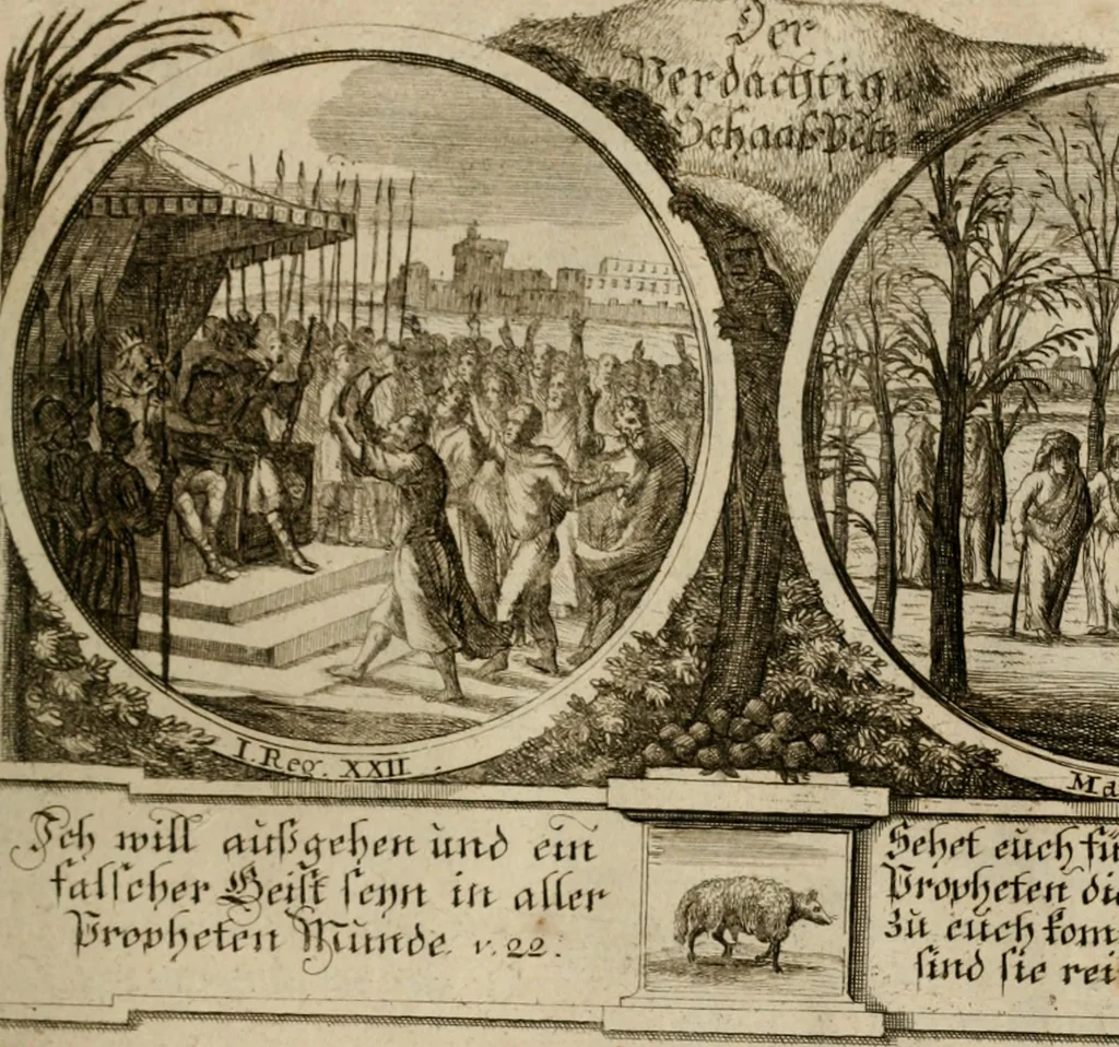 An illustration from Hundert sinn- und lehr reiche Vergleichungs-Sonnette uber die Sonn- und Fest-Tags-Evangelien, ingleichen die Apostel-Geschichte : uber welchen zugleich zwey hundert aus dem Alten und Neuen Testament in Kupfer-Stich erbaulich vorgestellte Biblische Historien : nebst darauf zielenden Sinn-Bildern und darzu gehörigen Uber- und Unterschrifften befindlich, 1721, leaf 128