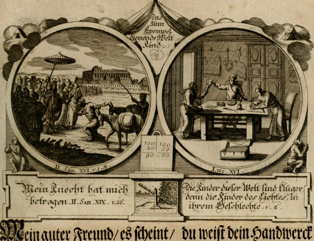 An illustration from Hundert sinn- und lehr reiche Vergleichungs-Sonnette uber die Sonn- und Fest-Tags-Evangelien, ingleichen die Apostel-Geschichte : uber welchen zugleich zwey hundert aus dem Alten und Neuen Testament in Kupfer-Stich erbaulich vorgestellte Biblische Historien : nebst darauf zielenden Sinn-Bildern und darzu gehörigen Uber- und Unterschrifften befindlich, 1721, leaf 130