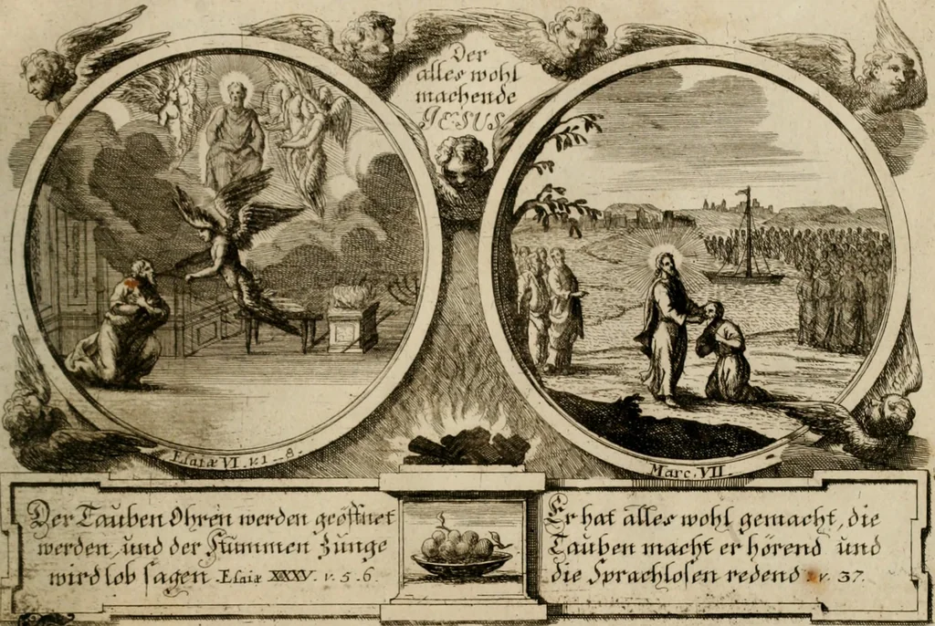 An illustration from Hundert sinn- und lehr reiche Vergleichungs-Sonnette uber die Sonn- und Fest-Tags-Evangelien, ingleichen die Apostel-Geschichte : uber welchen zugleich zwey hundert aus dem Alten und Neuen Testament in Kupfer-Stich erbaulich vorgestellte Biblische Historien : nebst darauf zielenden Sinn-Bildern und darzu gehörigen Uber- und Unterschrifften befindlich, 1721, leaf 136
