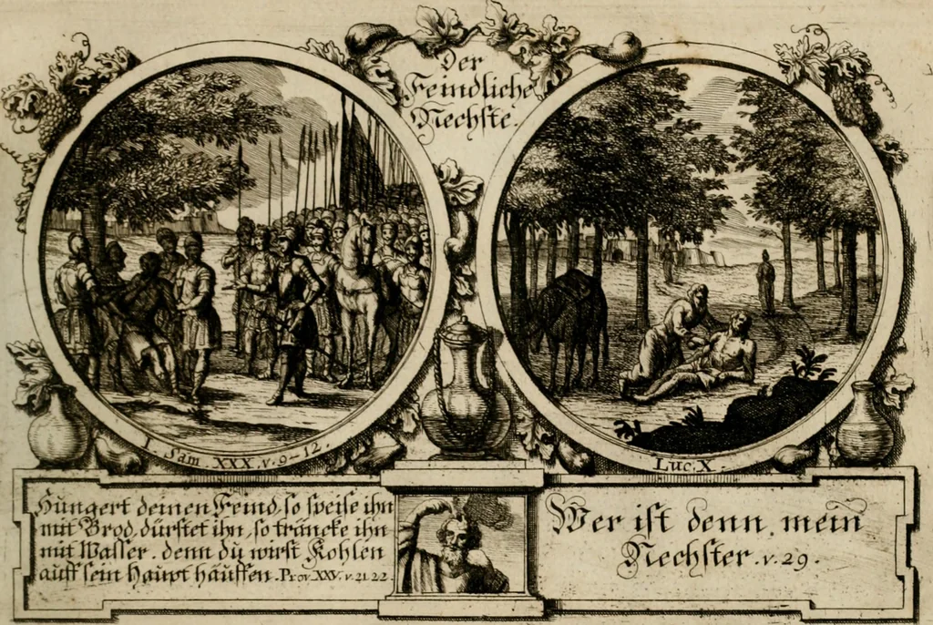 An illustration from Hundert sinn- und lehr reiche Vergleichungs-Sonnette uber die Sonn- und Fest-Tags-Evangelien, ingleichen die Apostel-Geschichte : uber welchen zugleich zwey hundert aus dem Alten und Neuen Testament in Kupfer-Stich erbaulich vorgestellte Biblische Historien : nebst darauf zielenden Sinn-Bildern und darzu gehörigen Uber- und Unterschrifften befindlich, 1721, leaf 138
