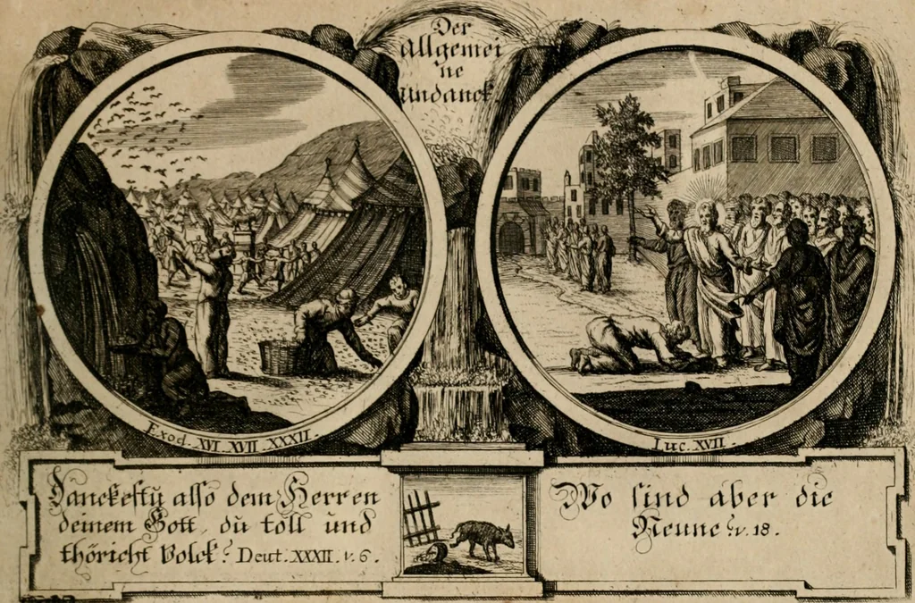 An illustration from Hundert sinn- und lehr reiche Vergleichungs-Sonnette uber die Sonn- und Fest-Tags-Evangelien, ingleichen die Apostel-Geschichte : uber welchen zugleich zwey hundert aus dem Alten und Neuen Testament in Kupfer-Stich erbaulich vorgestellte Biblische Historien : nebst darauf zielenden Sinn-Bildern und darzu gehörigen Uber- und Unterschrifften befindlich, 1721, leaf 140