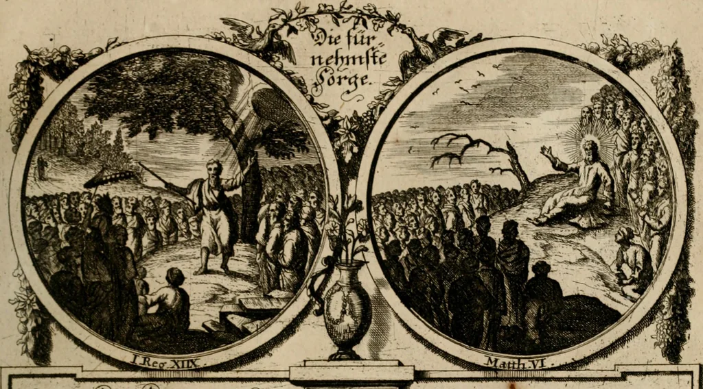 An illustration from Hundert sinn- und lehr reiche Vergleichungs-Sonnette uber die Sonn- und Fest-Tags-Evangelien, ingleichen die Apostel-Geschichte : uber welchen zugleich zwey hundert aus dem Alten und Neuen Testament in Kupfer-Stich erbaulich vorgestellte Biblische Historien : nebst darauf zielenden Sinn-Bildern und darzu gehörigen Uber- und Unterschrifften befindlich, 1721, leaf 142