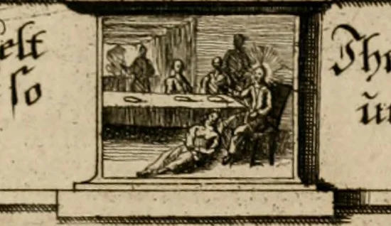 An illustration from Hundert sinn- und lehr reiche Vergleichungs-Sonnette uber die Sonn- und Fest-Tags-Evangelien, ingleichen die Apostel-Geschichte : uber welchen zugleich zwey hundert aus dem Alten und Neuen Testament in Kupfer-Stich erbaulich vorgestellte Biblische Historien : nebst darauf zielenden Sinn-Bildern und darzu gehörigen Uber- und Unterschrifften befindlich, 1721, leaf 142