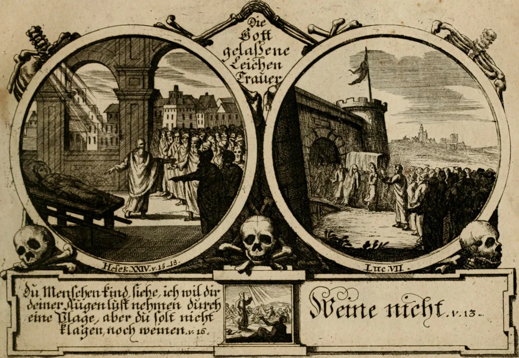 An illustration from Hundert sinn- und lehr reiche Vergleichungs-Sonnette uber die Sonn- und Fest-Tags-Evangelien, ingleichen die Apostel-Geschichte : uber welchen zugleich zwey hundert aus dem Alten und Neuen Testament in Kupfer-Stich erbaulich vorgestellte Biblische Historien : nebst darauf zielenden Sinn-Bildern und darzu gehörigen Uber- und Unterschrifften befindlich, 1721, leaf 144