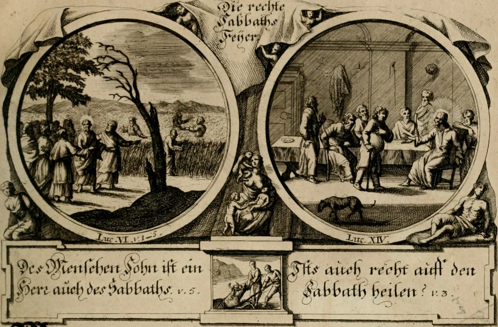 An illustration from Hundert sinn- und lehr reiche Vergleichungs-Sonnette uber die Sonn- und Fest-Tags-Evangelien, ingleichen die Apostel-Geschichte : uber welchen zugleich zwey hundert aus dem Alten und Neuen Testament in Kupfer-Stich erbaulich vorgestellte Biblische Historien : nebst darauf zielenden Sinn-Bildern und darzu gehörigen Uber- und Unterschrifften befindlich, 1721, leaf 146