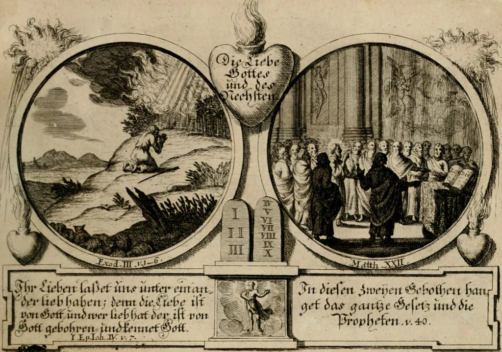 An illustration from Hundert sinn- und lehr reiche Vergleichungs-Sonnette uber die Sonn- und Fest-Tags-Evangelien, ingleichen die Apostel-Geschichte : uber welchen zugleich zwey hundert aus dem Alten und Neuen Testament in Kupfer-Stich erbaulich vorgestellte Biblische Historien : nebst darauf zielenden Sinn-Bildern und darzu gehörigen Uber- und Unterschrifften befindlich, 1721, leaf 148