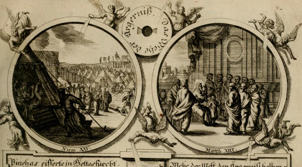 An illustration from Hundert sinn- und lehr reiche Vergleichungs-Sonnette uber die Sonn- und Fest-Tags-Evangelien, ingleichen die Apostel-Geschichte : uber welchen zugleich zwey hundert aus dem Alten und Neuen Testament in Kupfer-Stich erbaulich vorgestellte Biblische Historien : nebst darauf zielenden Sinn-Bildern und darzu gehörigen Uber- und Unterschrifften befindlich, 1721, leaf 150