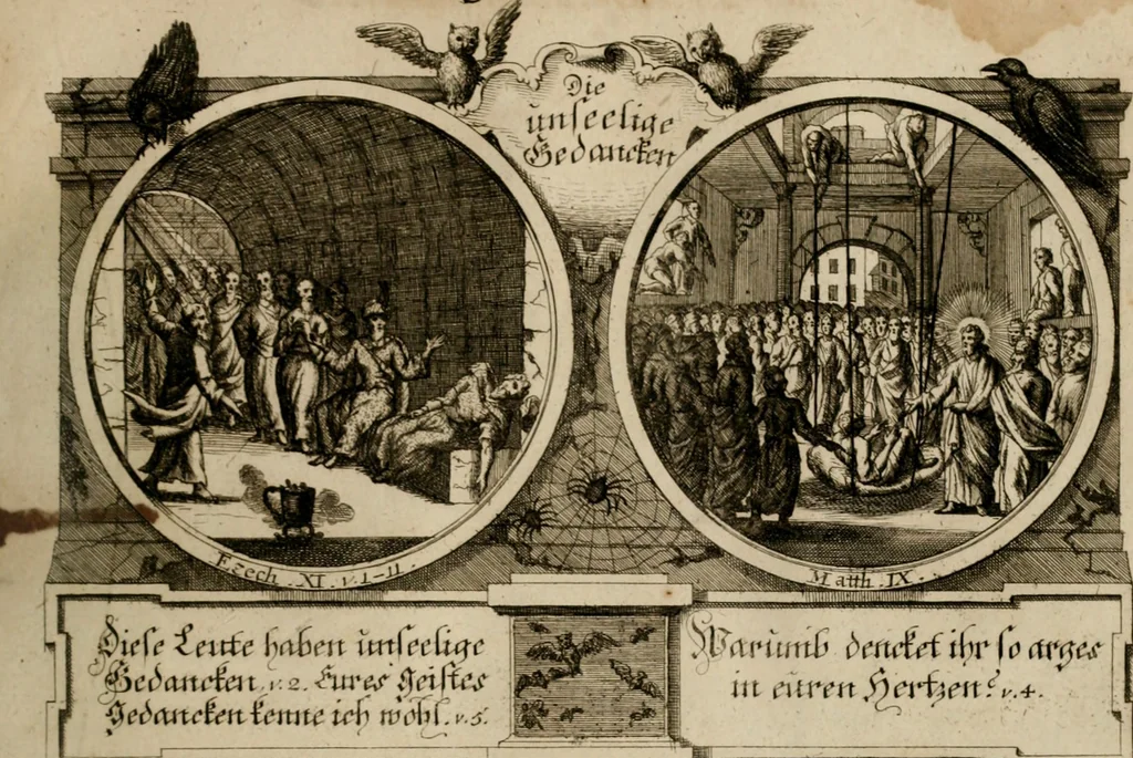An illustration from Hundert sinn- und lehr reiche Vergleichungs-Sonnette uber die Sonn- und Fest-Tags-Evangelien, ingleichen die Apostel-Geschichte : uber welchen zugleich zwey hundert aus dem Alten und Neuen Testament in Kupfer-Stich erbaulich vorgestellte Biblische Historien : nebst darauf zielenden Sinn-Bildern und darzu gehörigen Uber- und Unterschrifften befindlich, 1721, leaf 152