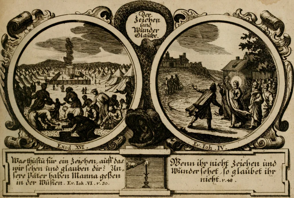An illustration from Hundert sinn- und lehr reiche Vergleichungs-Sonnette uber die Sonn- und Fest-Tags-Evangelien, ingleichen die Apostel-Geschichte : uber welchen zugleich zwey hundert aus dem Alten und Neuen Testament in Kupfer-Stich erbaulich vorgestellte Biblische Historien : nebst darauf zielenden Sinn-Bildern und darzu gehörigen Uber- und Unterschrifften befindlich, 1721, leaf 156