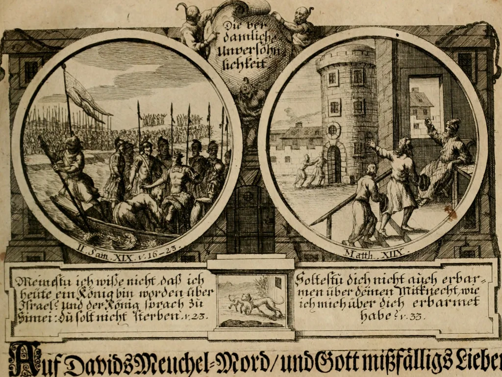 An illustration from Hundert sinn- und lehr reiche Vergleichungs-Sonnette uber die Sonn- und Fest-Tags-Evangelien, ingleichen die Apostel-Geschichte : uber welchen zugleich zwey hundert aus dem Alten und Neuen Testament in Kupfer-Stich erbaulich vorgestellte Biblische Historien : nebst darauf zielenden Sinn-Bildern und darzu gehörigen Uber- und Unterschrifften befindlich, 1721, leaf 158