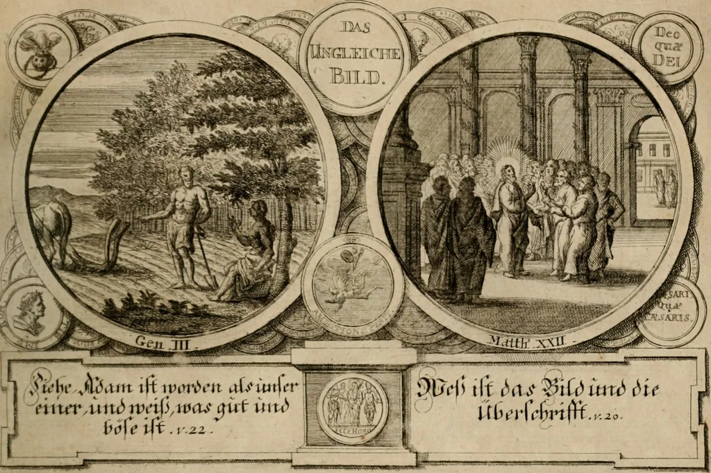 An illustration from Hundert sinn- und lehr reiche Vergleichungs-Sonnette uber die Sonn- und Fest-Tags-Evangelien, ingleichen die Apostel-Geschichte : uber welchen zugleich zwey hundert aus dem Alten und Neuen Testament in Kupfer-Stich erbaulich vorgestellte Biblische Historien : nebst darauf zielenden Sinn-Bildern und darzu gehörigen Uber- und Unterschrifften befindlich, 1721, leaf 160