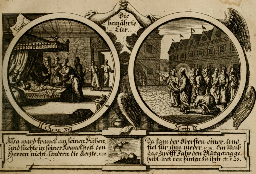 An illustration from Hundert sinn- und lehr reiche Vergleichungs-Sonnette uber die Sonn- und Fest-Tags-Evangelien, ingleichen die Apostel-Geschichte : uber welchen zugleich zwey hundert aus dem Alten und Neuen Testament in Kupfer-Stich erbaulich vorgestellte Biblische Historien : nebst darauf zielenden Sinn-Bildern und darzu gehörigen Uber- und Unterschrifften befindlich, 1721, leaf 162