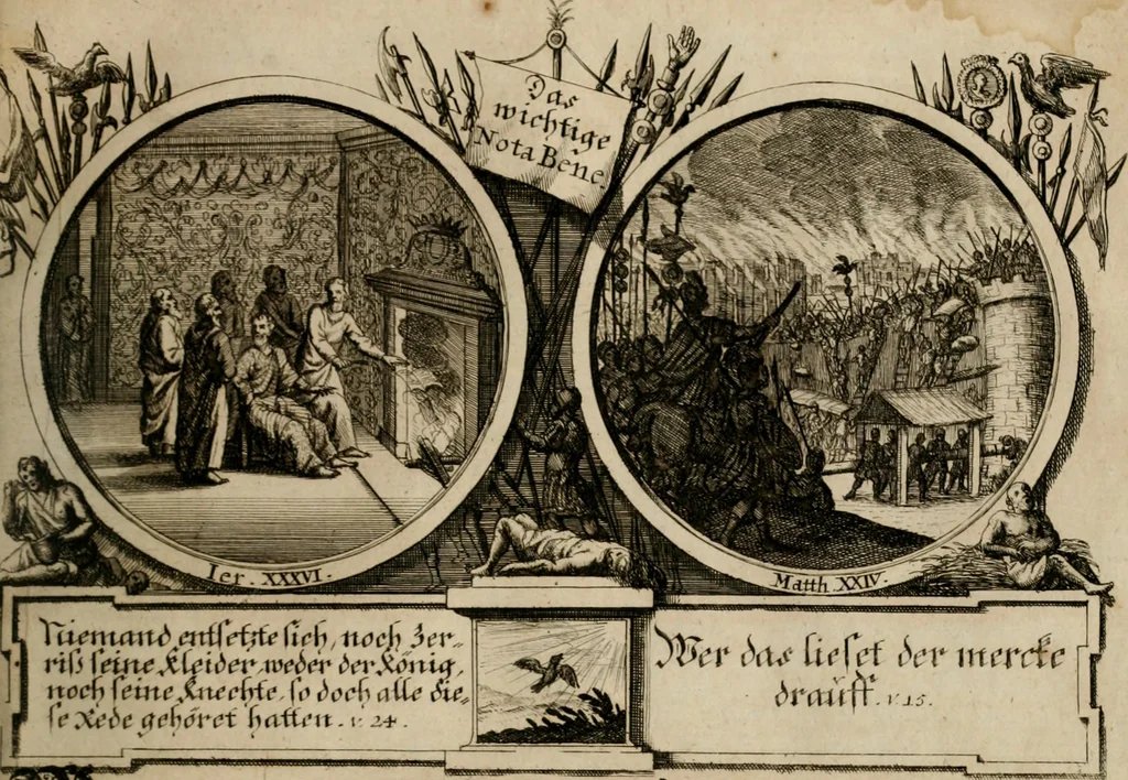 An illustration from Hundert sinn- und lehr reiche Vergleichungs-Sonnette uber die Sonn- und Fest-Tags-Evangelien, ingleichen die Apostel-Geschichte : uber welchen zugleich zwey hundert aus dem Alten und Neuen Testament in Kupfer-Stich erbaulich vorgestellte Biblische Historien : nebst darauf zielenden Sinn-Bildern und darzu gehörigen Uber- und Unterschrifften befindlich, 1721, leaf 164