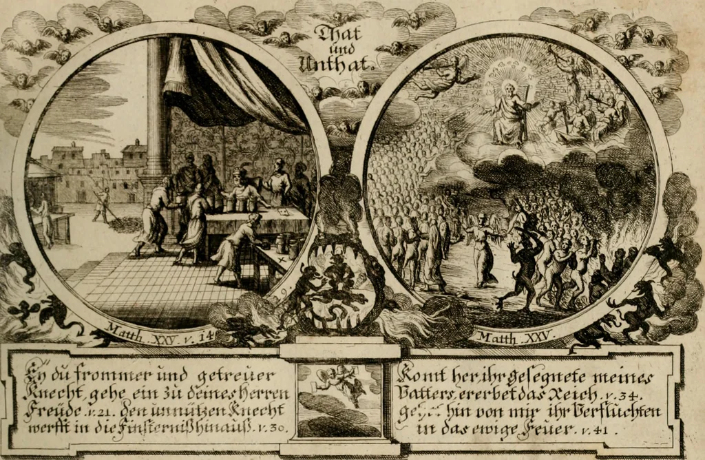 An illustration from Hundert sinn- und lehr reiche Vergleichungs-Sonnette uber die Sonn- und Fest-Tags-Evangelien, ingleichen die Apostel-Geschichte : uber welchen zugleich zwey hundert aus dem Alten und Neuen Testament in Kupfer-Stich erbaulich vorgestellte Biblische Historien : nebst darauf zielenden Sinn-Bildern und darzu gehörigen Uber- und Unterschrifften befindlich, 1721, leaf 166