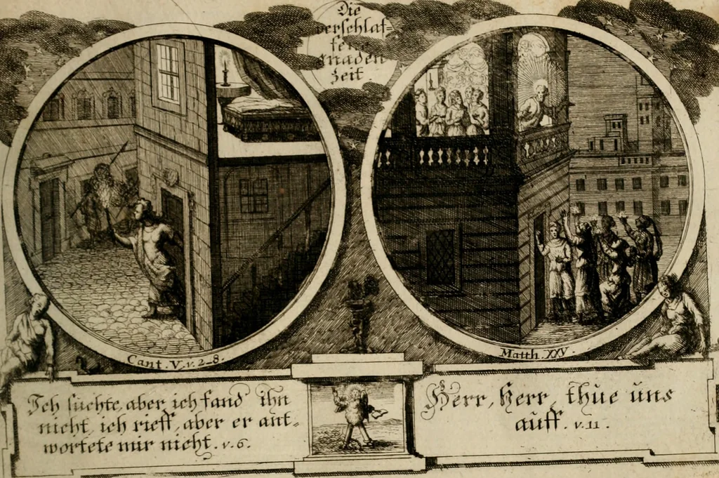 An illustration from Hundert sinn- und lehr reiche Vergleichungs-Sonnette uber die Sonn- und Fest-Tags-Evangelien, ingleichen die Apostel-Geschichte : uber welchen zugleich zwey hundert aus dem Alten und Neuen Testament in Kupfer-Stich erbaulich vorgestellte Biblische Historien : nebst darauf zielenden Sinn-Bildern und darzu gehörigen Uber- und Unterschrifften befindlich, 1721, leaf 168