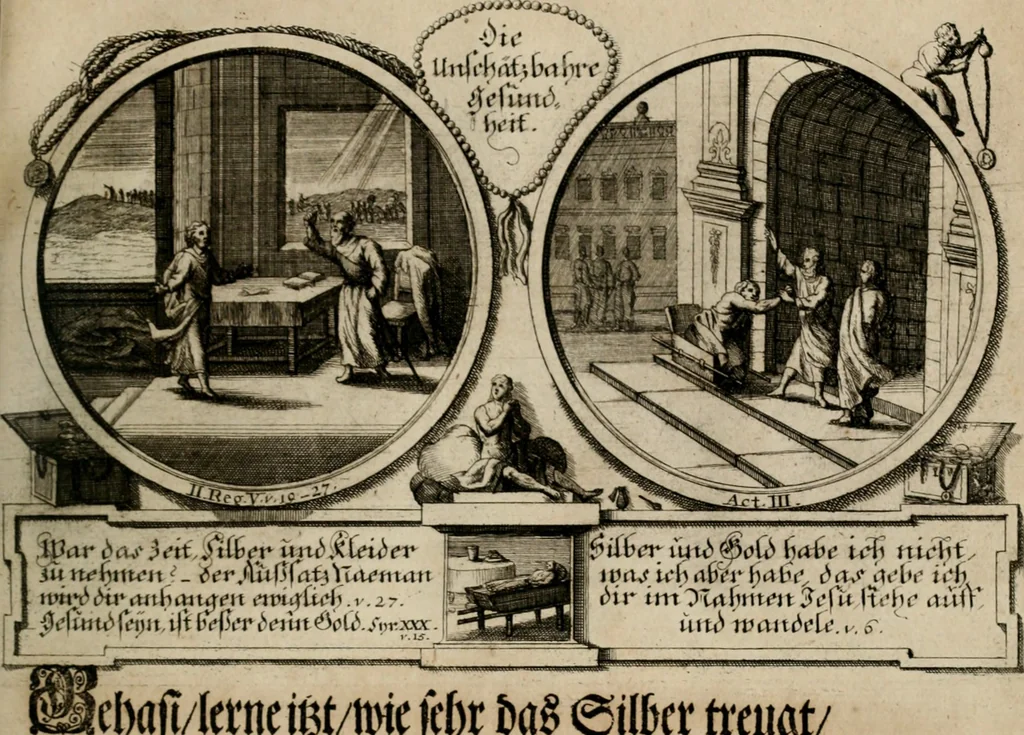 An illustration from Hundert sinn- und lehr reiche Vergleichungs-Sonnette uber die Sonn- und Fest-Tags-Evangelien, ingleichen die Apostel-Geschichte : uber welchen zugleich zwey hundert aus dem Alten und Neuen Testament in Kupfer-Stich erbaulich vorgestellte Biblische Historien : nebst darauf zielenden Sinn-Bildern und darzu gehörigen Uber- und Unterschrifften befindlich, 1721, leaf 174