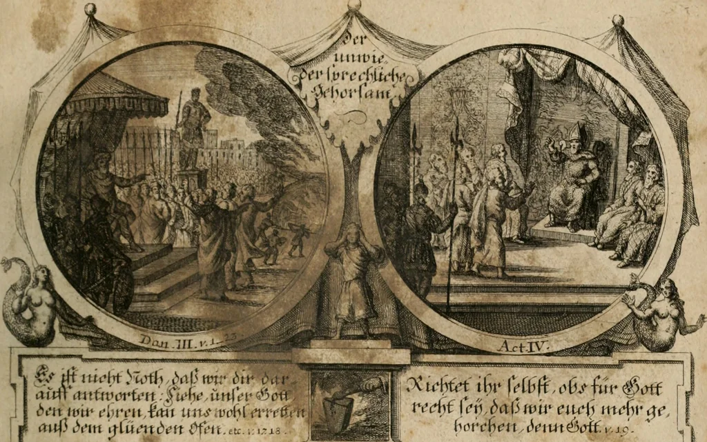 An illustration from Hundert sinn- und lehr reiche Vergleichungs-Sonnette uber die Sonn- und Fest-Tags-Evangelien, ingleichen die Apostel-Geschichte : uber welchen zugleich zwey hundert aus dem Alten und Neuen Testament in Kupfer-Stich erbaulich vorgestellte Biblische Historien : nebst darauf zielenden Sinn-Bildern und darzu gehörigen Uber- und Unterschrifften befindlich, 1721, leaf 176