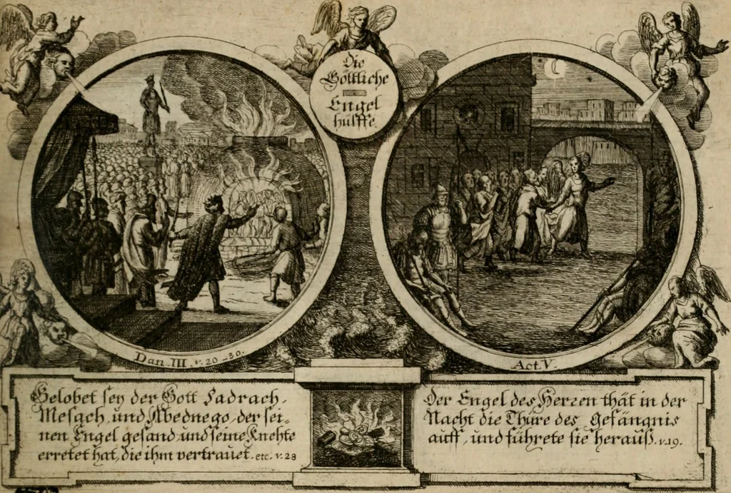 An illustration from Hundert sinn- und lehr reiche Vergleichungs-Sonnette uber die Sonn- und Fest-Tags-Evangelien, ingleichen die Apostel-Geschichte : uber welchen zugleich zwey hundert aus dem Alten und Neuen Testament in Kupfer-Stich erbaulich vorgestellte Biblische Historien : nebst darauf zielenden Sinn-Bildern und darzu gehörigen Uber- und Unterschrifften befindlich, 1721, leaf 180