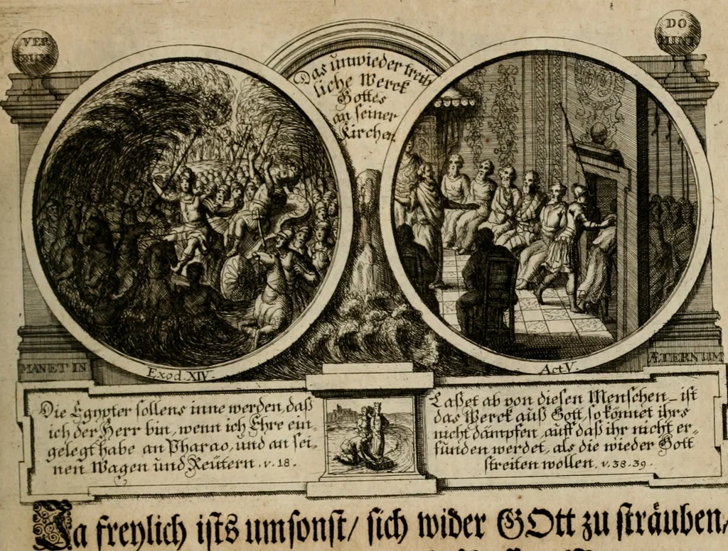 An illustration from Hundert sinn- und lehr reiche Vergleichungs-Sonnette uber die Sonn- und Fest-Tags-Evangelien, ingleichen die Apostel-Geschichte : uber welchen zugleich zwey hundert aus dem Alten und Neuen Testament in Kupfer-Stich erbaulich vorgestellte Biblische Historien : nebst darauf zielenden Sinn-Bildern und darzu gehörigen Uber- und Unterschrifften befindlich, 1721, leaf 182