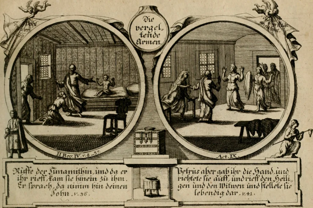 An illustration from Hundert sinn- und lehr reiche Vergleichungs-Sonnette uber die Sonn- und Fest-Tags-Evangelien, ingleichen die Apostel-Geschichte : uber welchen zugleich zwey hundert aus dem Alten und Neuen Testament in Kupfer-Stich erbaulich vorgestellte Biblische Historien : nebst darauf zielenden Sinn-Bildern und darzu gehörigen Uber- und Unterschrifften befindlich, 1721, leaf 190