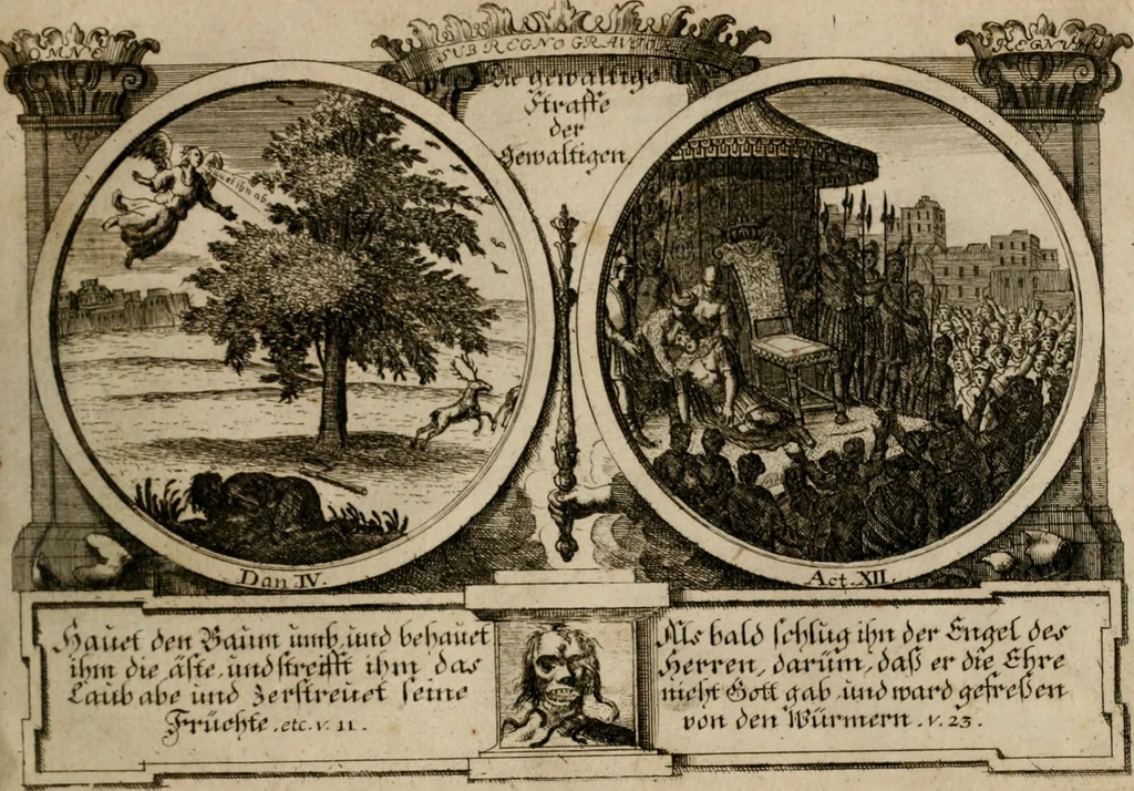 An illustration from Hundert sinn- und lehr reiche Vergleichungs-Sonnette uber die Sonn- und Fest-Tags-Evangelien, ingleichen die Apostel-Geschichte : uber welchen zugleich zwey hundert aus dem Alten und Neuen Testament in Kupfer-Stich erbaulich vorgestellte Biblische Historien : nebst darauf zielenden Sinn-Bildern und darzu gehörigen Uber- und Unterschrifften befindlich, 1721, leaf 196