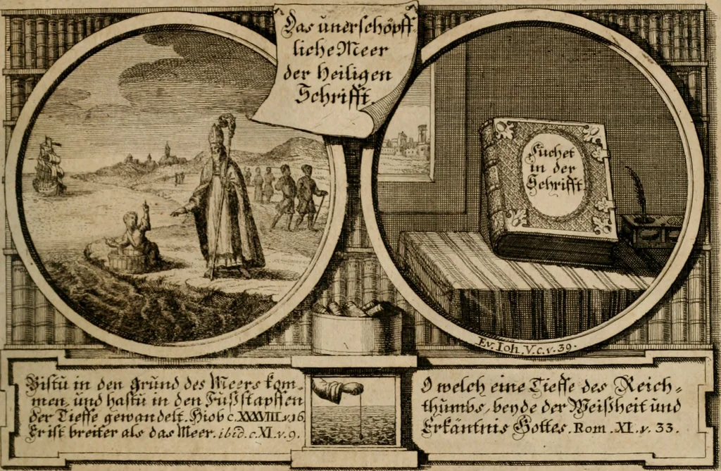 An illustration from Hundert sinn- und lehr reiche Vergleichungs-Sonnette uber die Sonn- und Fest-Tags-Evangelien, ingleichen die Apostel-Geschichte : uber welchen zugleich zwey hundert aus dem Alten und Neuen Testament in Kupfer-Stich erbaulich vorgestellte Biblische Historien : nebst darauf zielenden Sinn-Bildern und darzu gehörigen Uber- und Unterschrifften befindlich, 1721, leaf 20