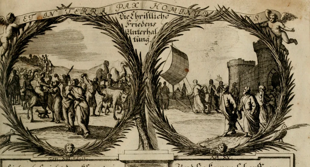 An illustration from Hundert sinn- und lehr reiche Vergleichungs-Sonnette uber die Sonn- und Fest-Tags-Evangelien, ingleichen die Apostel-Geschichte : uber welchen zugleich zwey hundert aus dem Alten und Neuen Testament in Kupfer-Stich erbaulich vorgestellte Biblische Historien : nebst darauf zielenden Sinn-Bildern und darzu gehörigen Uber- und Unterschrifften befindlich, 1721, leaf 202