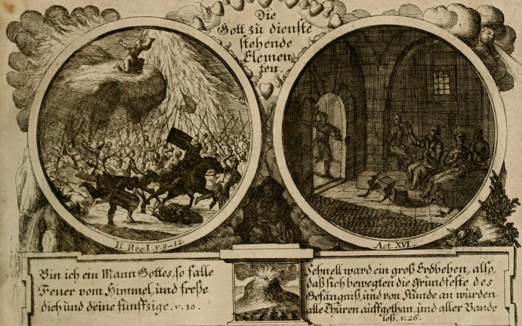 An illustration from Hundert sinn- und lehr reiche Vergleichungs-Sonnette uber die Sonn- und Fest-Tags-Evangelien, ingleichen die Apostel-Geschichte : uber welchen zugleich zwey hundert aus dem Alten und Neuen Testament in Kupfer-Stich erbaulich vorgestellte Biblische Historien : nebst darauf zielenden Sinn-Bildern und darzu gehörigen Uber- und Unterschrifften befindlich, 1721, leaf 206