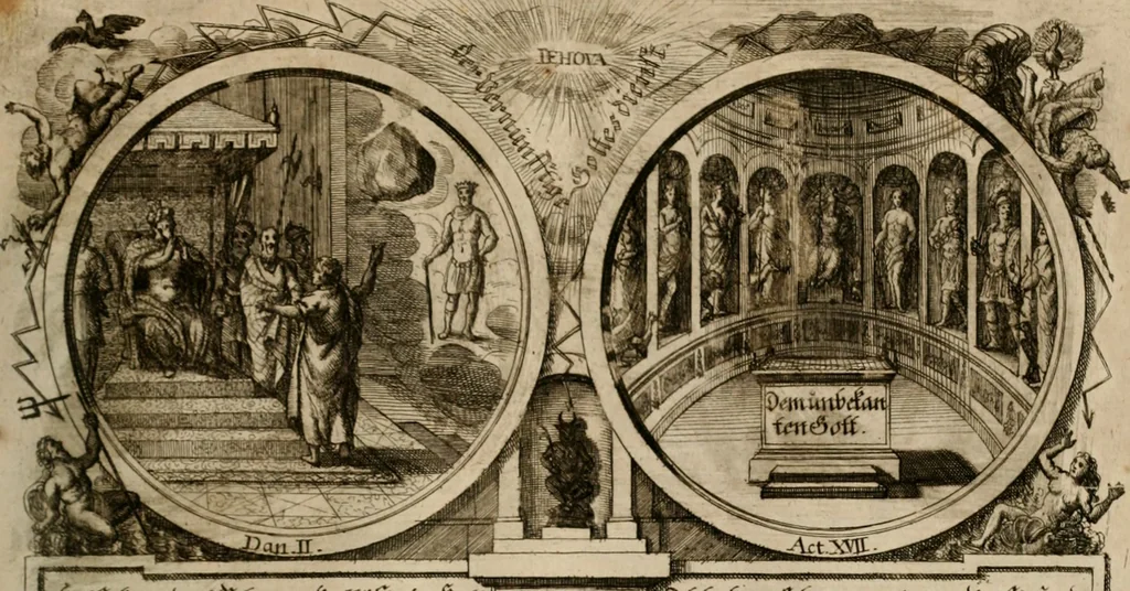An illustration from Hundert sinn- und lehr reiche Vergleichungs-Sonnette uber die Sonn- und Fest-Tags-Evangelien, ingleichen die Apostel-Geschichte : uber welchen zugleich zwey hundert aus dem Alten und Neuen Testament in Kupfer-Stich erbaulich vorgestellte Biblische Historien : nebst darauf zielenden Sinn-Bildern und darzu gehörigen Uber- und Unterschrifften befindlich, 1721, leaf 208