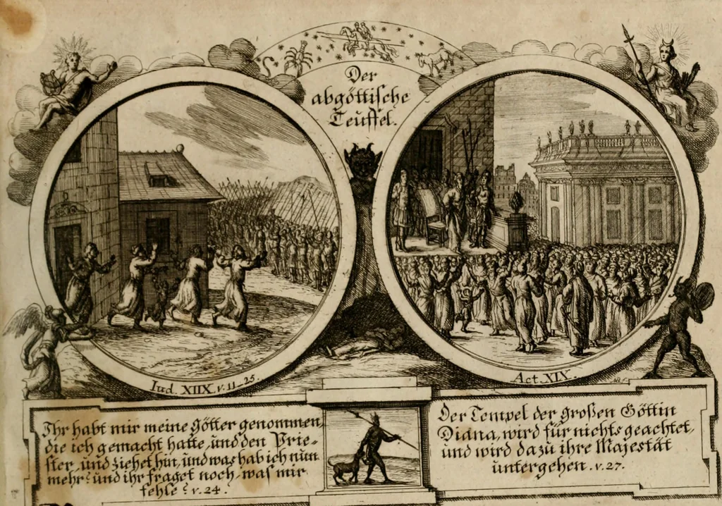 An illustration from Hundert sinn- und lehr reiche Vergleichungs-Sonnette uber die Sonn- und Fest-Tags-Evangelien, ingleichen die Apostel-Geschichte : uber welchen zugleich zwey hundert aus dem Alten und Neuen Testament in Kupfer-Stich erbaulich vorgestellte Biblische Historien : nebst darauf zielenden Sinn-Bildern und darzu gehörigen Uber- und Unterschrifften befindlich, 1721, leaf 210