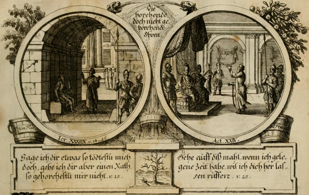 An illustration from Hundert sinn- und lehr reiche Vergleichungs-Sonnette uber die Sonn- und Fest-Tags-Evangelien, ingleichen die Apostel-Geschichte : uber welchen zugleich zwey hundert aus dem Alten und Neuen Testament in Kupfer-Stich erbaulich vorgestellte Biblische Historien : nebst darauf zielenden Sinn-Bildern und darzu gehörigen Uber- und Unterschrifften befindlich, 1721, leaf 214