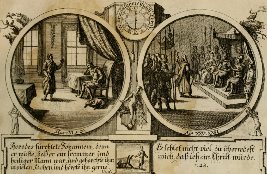 An illustration from Hundert sinn- und lehr reiche Vergleichungs-Sonnette uber die Sonn- und Fest-Tags-Evangelien, ingleichen die Apostel-Geschichte : uber welchen zugleich zwey hundert aus dem Alten und Neuen Testament in Kupfer-Stich erbaulich vorgestellte Biblische Historien : nebst darauf zielenden Sinn-Bildern und darzu gehörigen Uber- und Unterschrifften befindlich, 1721, leaf 216